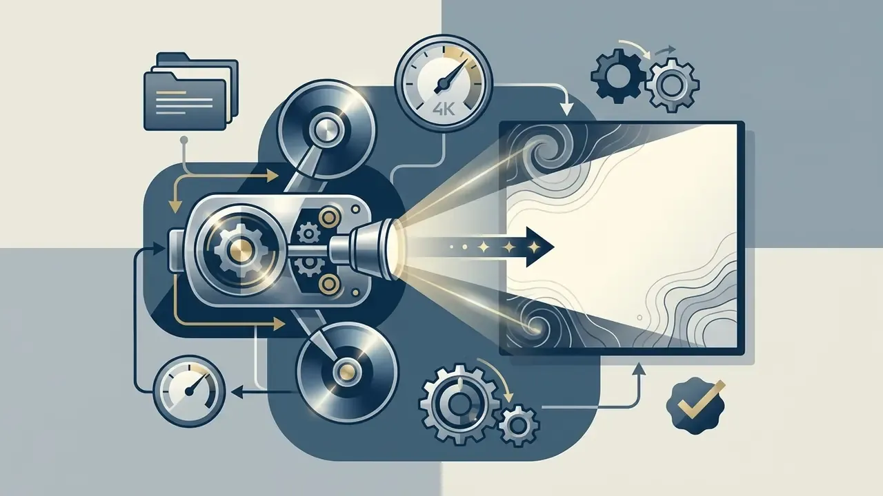 Film projector mechanism processing data into high resolution visual output with quality indicators