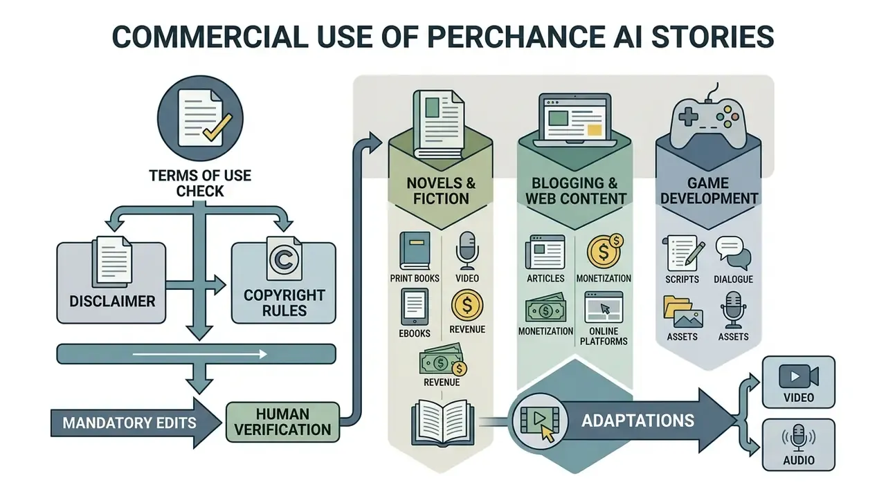 Workflow diagram showing legal checks and human verification steps for monetizing generated narratives