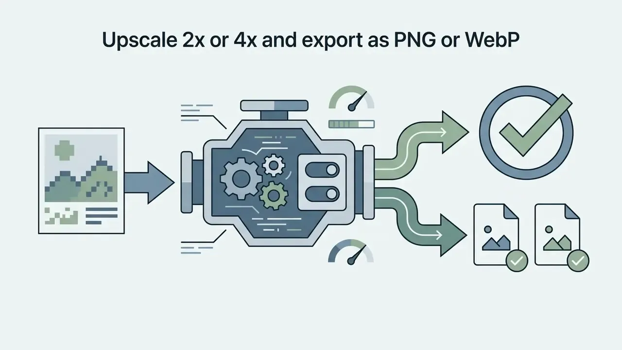 Pixelated image feeding into a mechanical engine with gauges that outputs to checkmarks and file icons