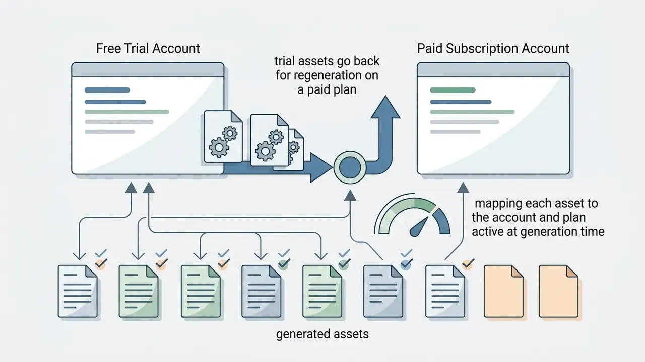 Visual representation of assets moving from a free trial account to a paid subscription account