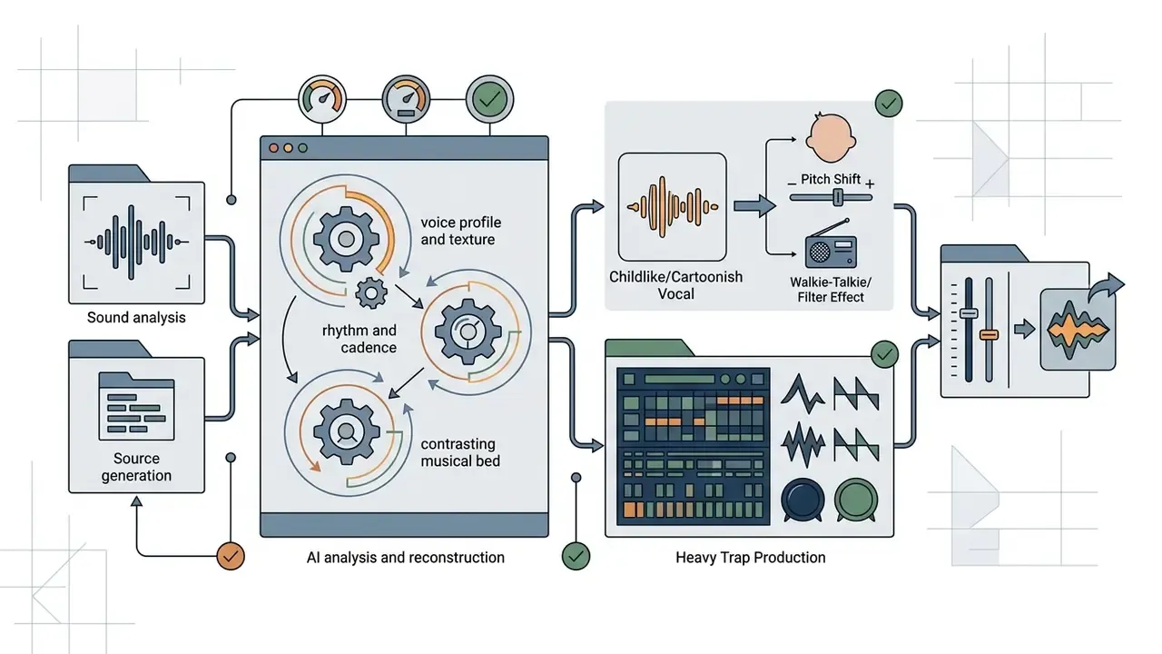 Process steps for synthesizing a producer tag by combining vocal pitch shifts with trap beat elements
