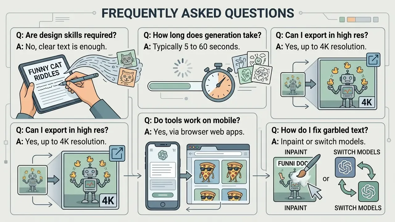 Infographic answering common questions about AI image generation with icons for text, time, and resolution