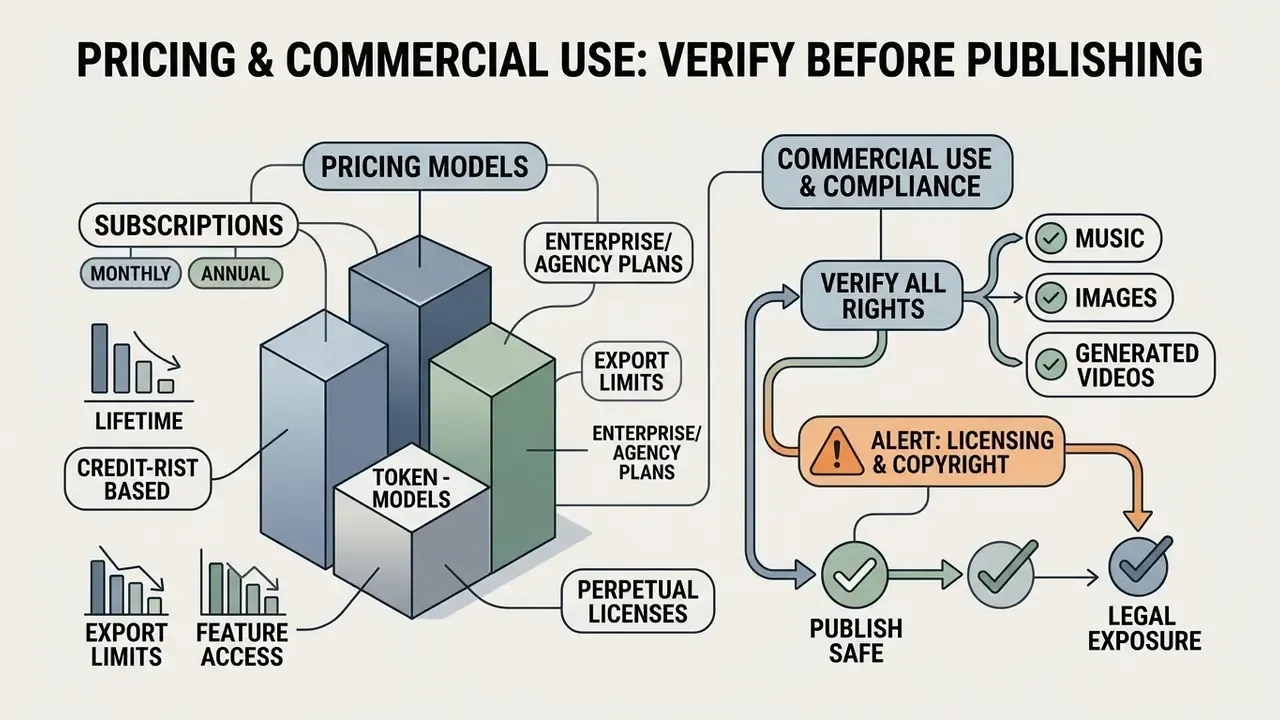 Flowchart comparing pricing models and commercial compliance steps for a doodle video creator