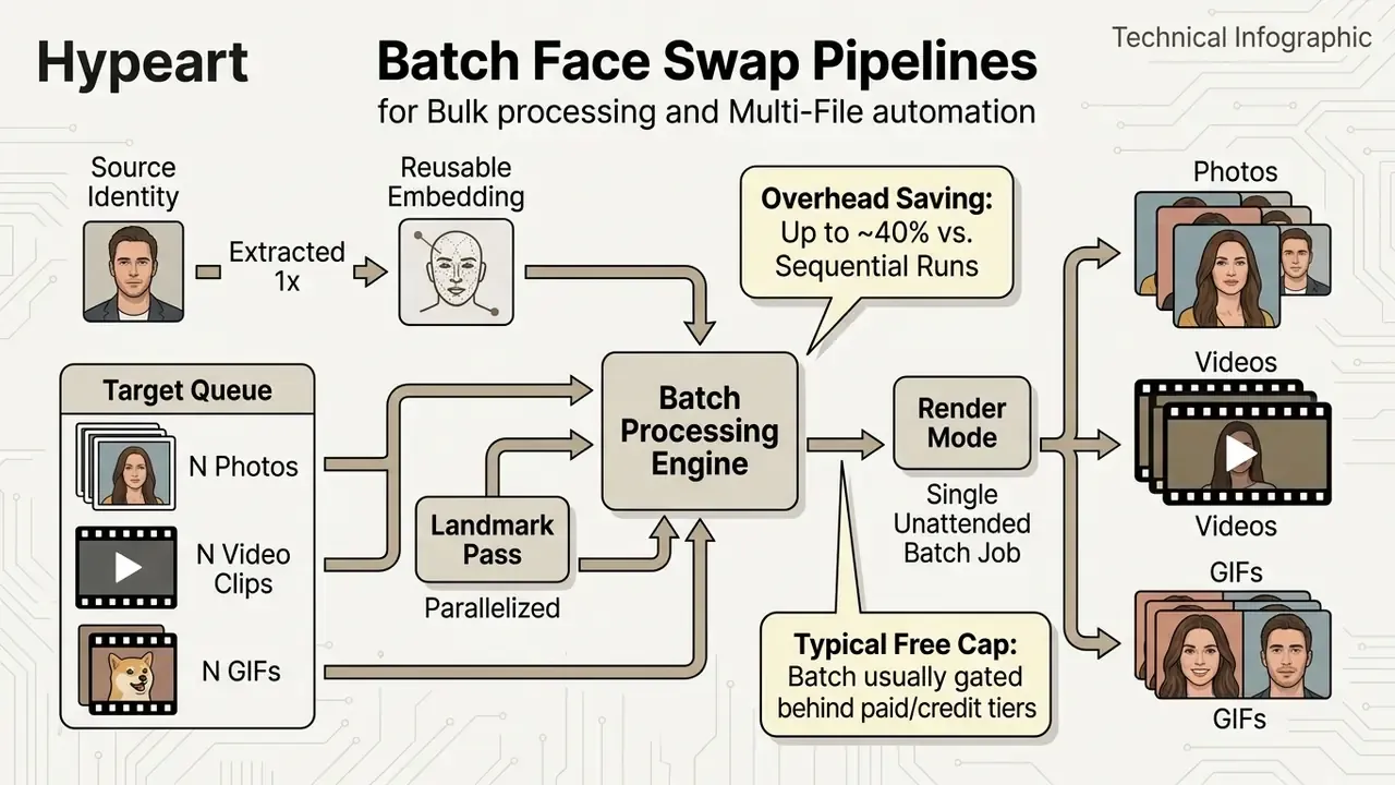 Flowchart illustrating how a source face embedding is applied to a queued batch of photos and videos