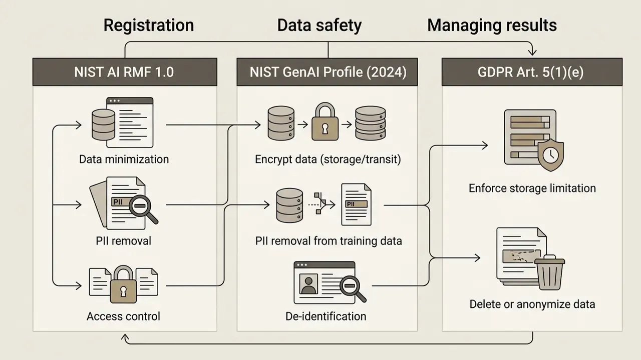 Diagram showing data protection standards for AI inputs across three regulatory and safety frameworks