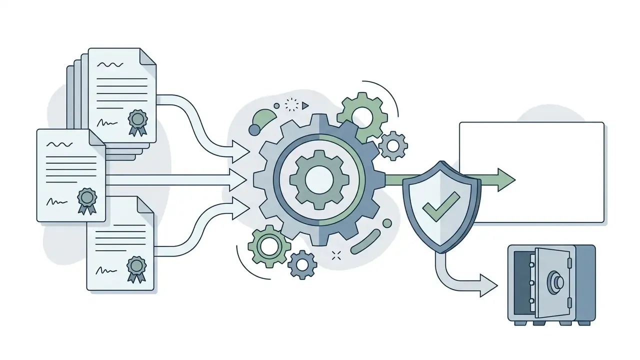 Certified contracts feeding into a gear mechanism that routes data through a shield into a vault