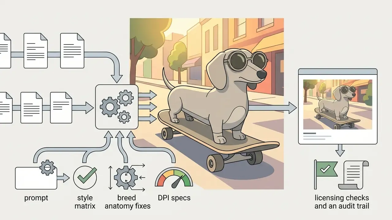 Gear system processing text prompts into a dachshund on a skateboard with licensing and audit steps