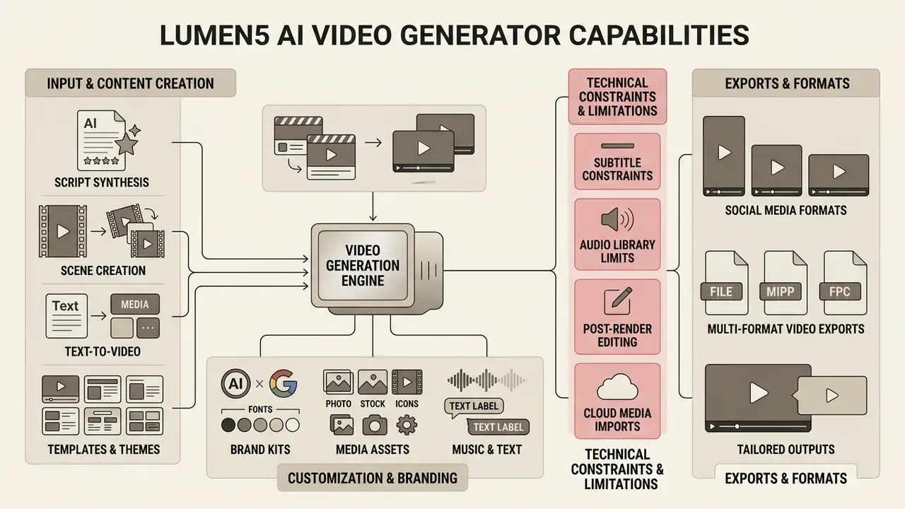 Flowchart detailing the Lumen5 AI video generation process from content creation to final export