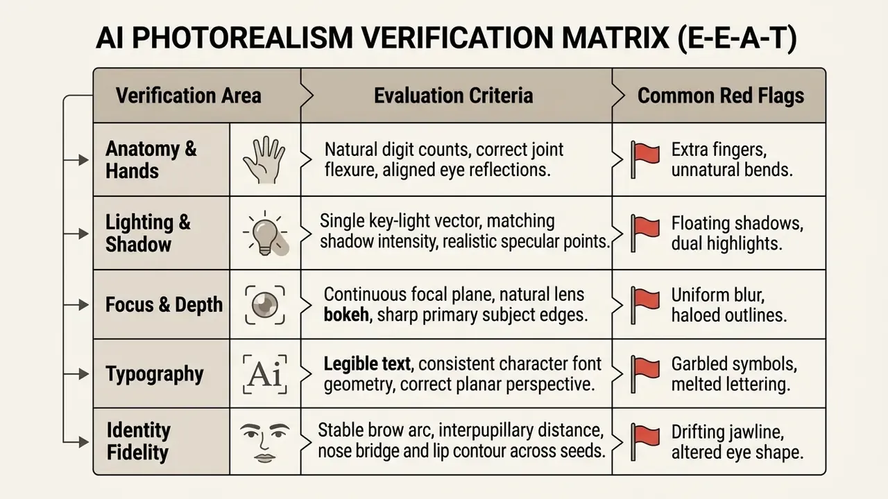 Table comparing verification areas, evaluation criteria, and common red flags for AI image quality
