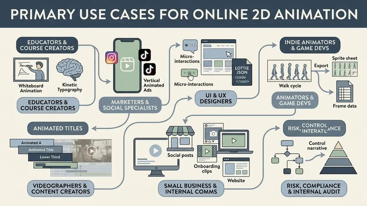 Infographic mapping professional applications for digital motion graphics across various creative sectors