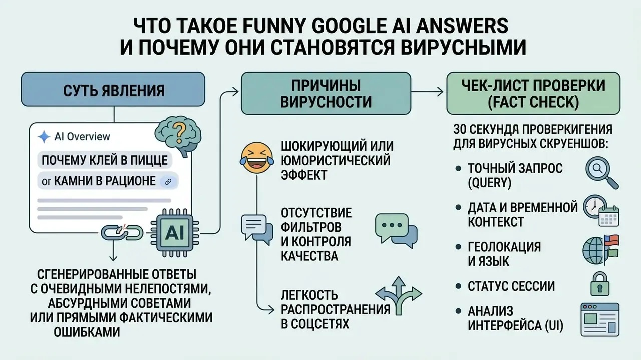 Схема с объяснением природы funny Google AI answers, причин их вирусности и алгоритмом проверки фактов