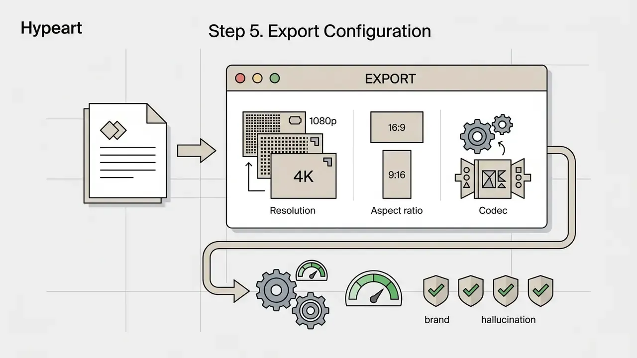 Document feeding into an export window with settings for resolution, aspect ratio, and codec processing