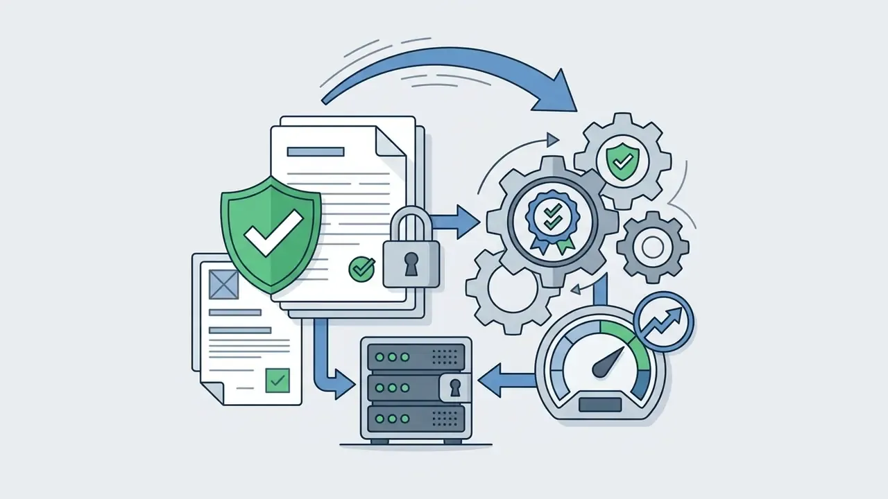 Documents with security shields and locks feeding into a gear system and server to monitor compliance
