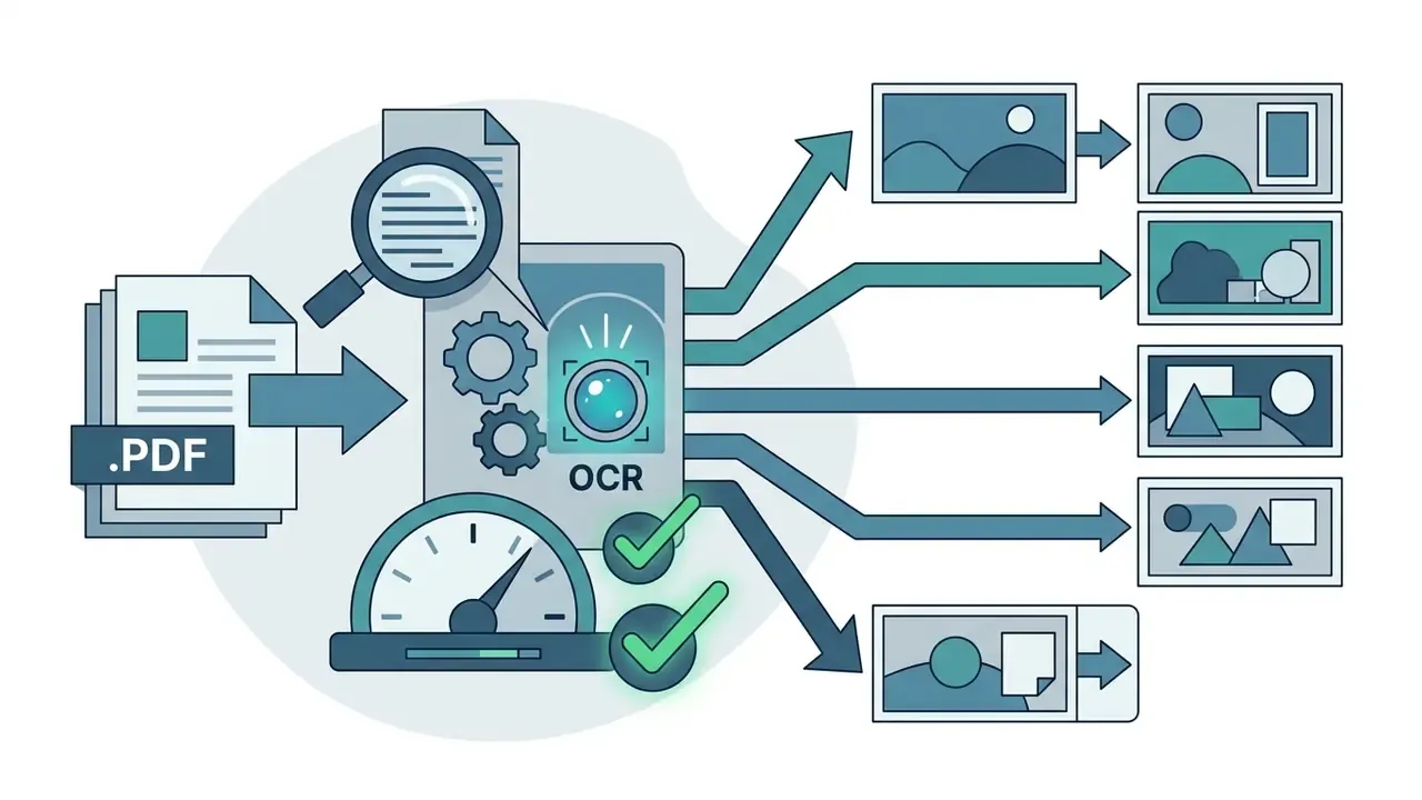 PDF document being processed by OCR gears and a scanner to generate a series of individual visual panels