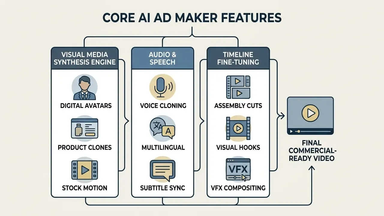 Diagram detailing the three primary modules of visual media synthesis, audio processing, and timeline editing