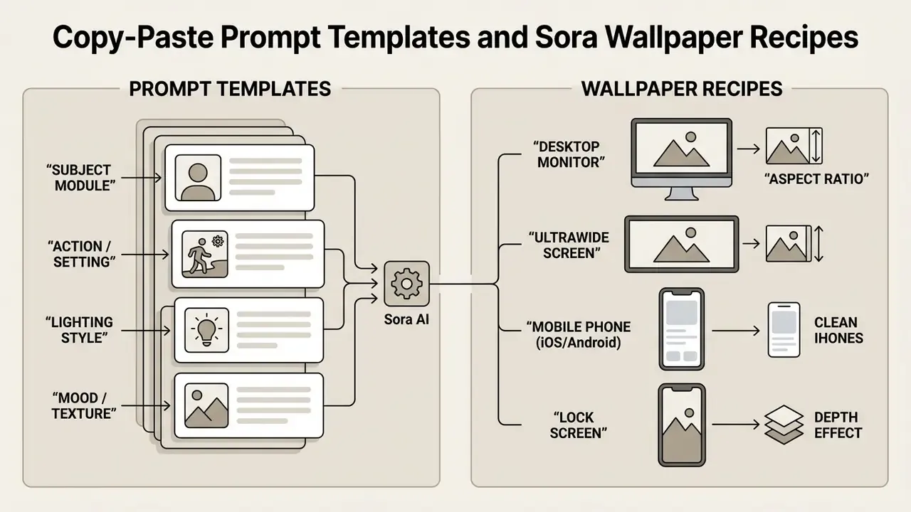Diagram showing Sora AI prompt templates for generating various desktop and mobile wallpaper formats