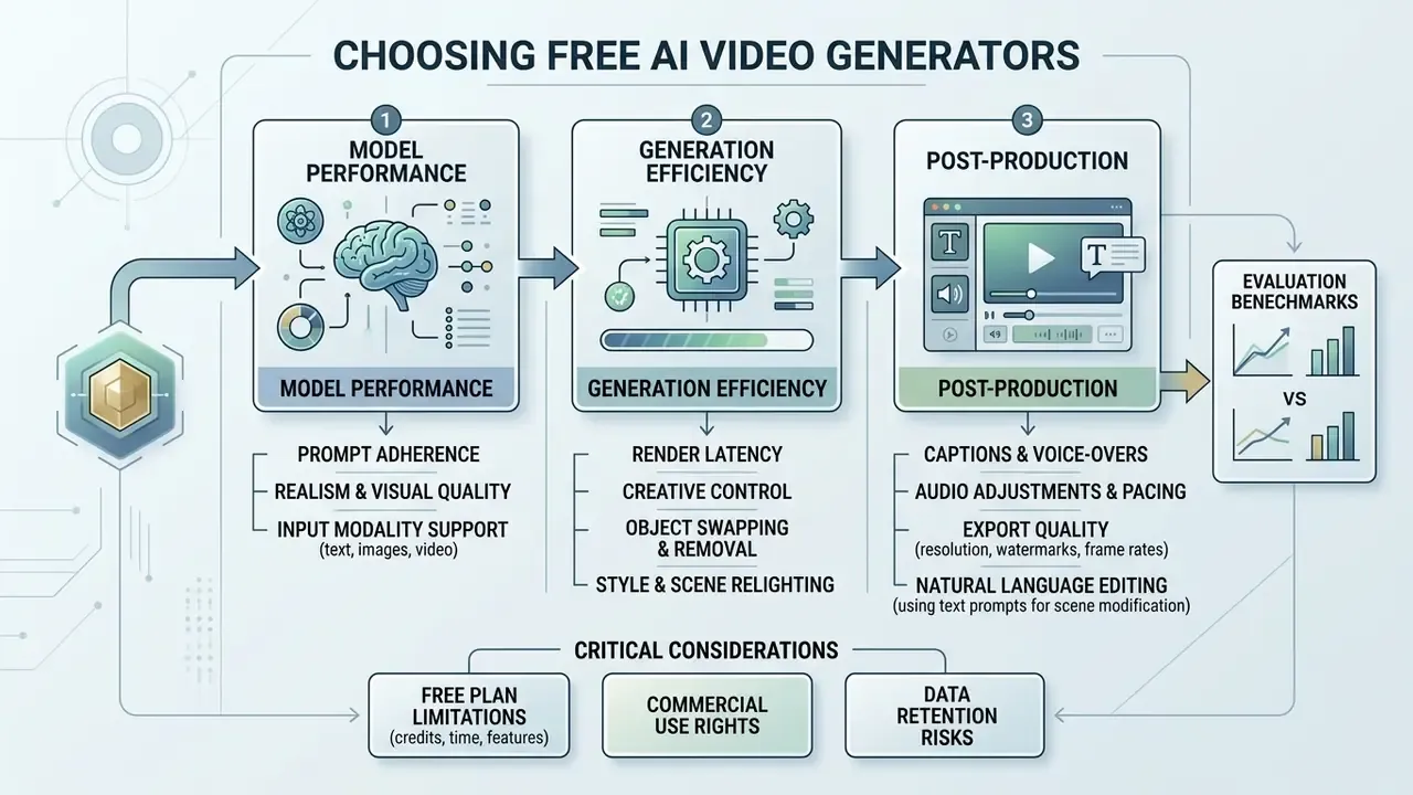 Step-by-step process diagram detailing model performance, generation efficiency, and post-production steps