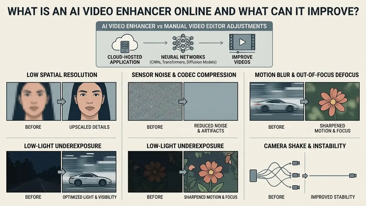 Infographic showing how an AI video enhancer improves resolution, noise, lighting, blur, and stability