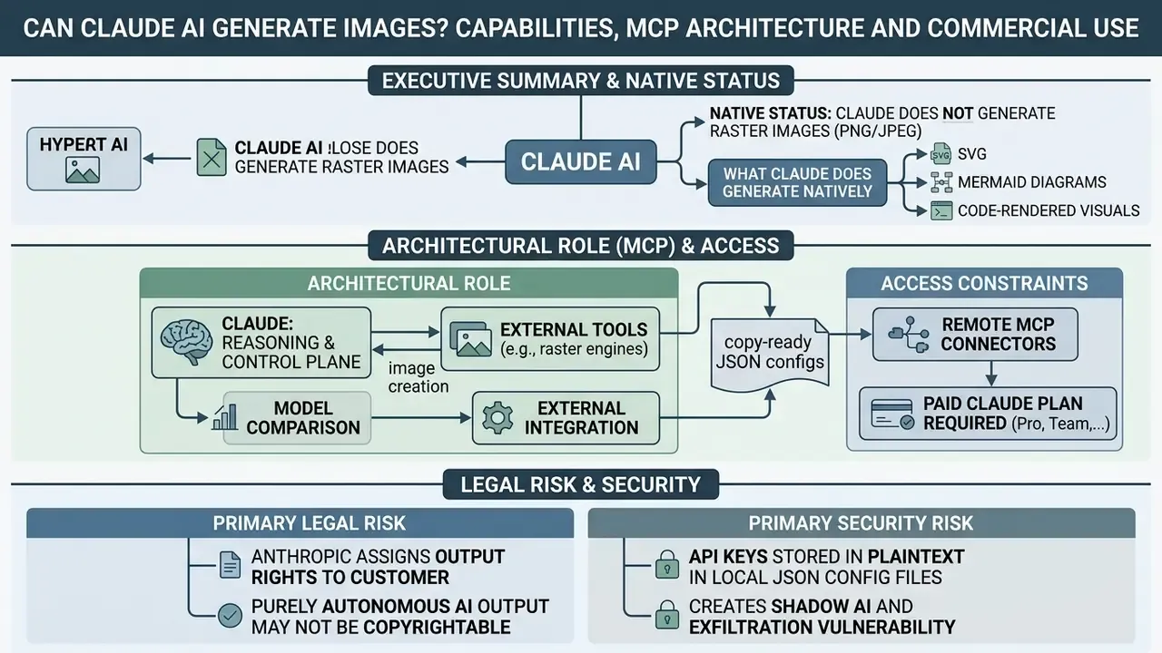 Flowchart detailing Claude AI image generation capabilities, architectural role, and legal considerations