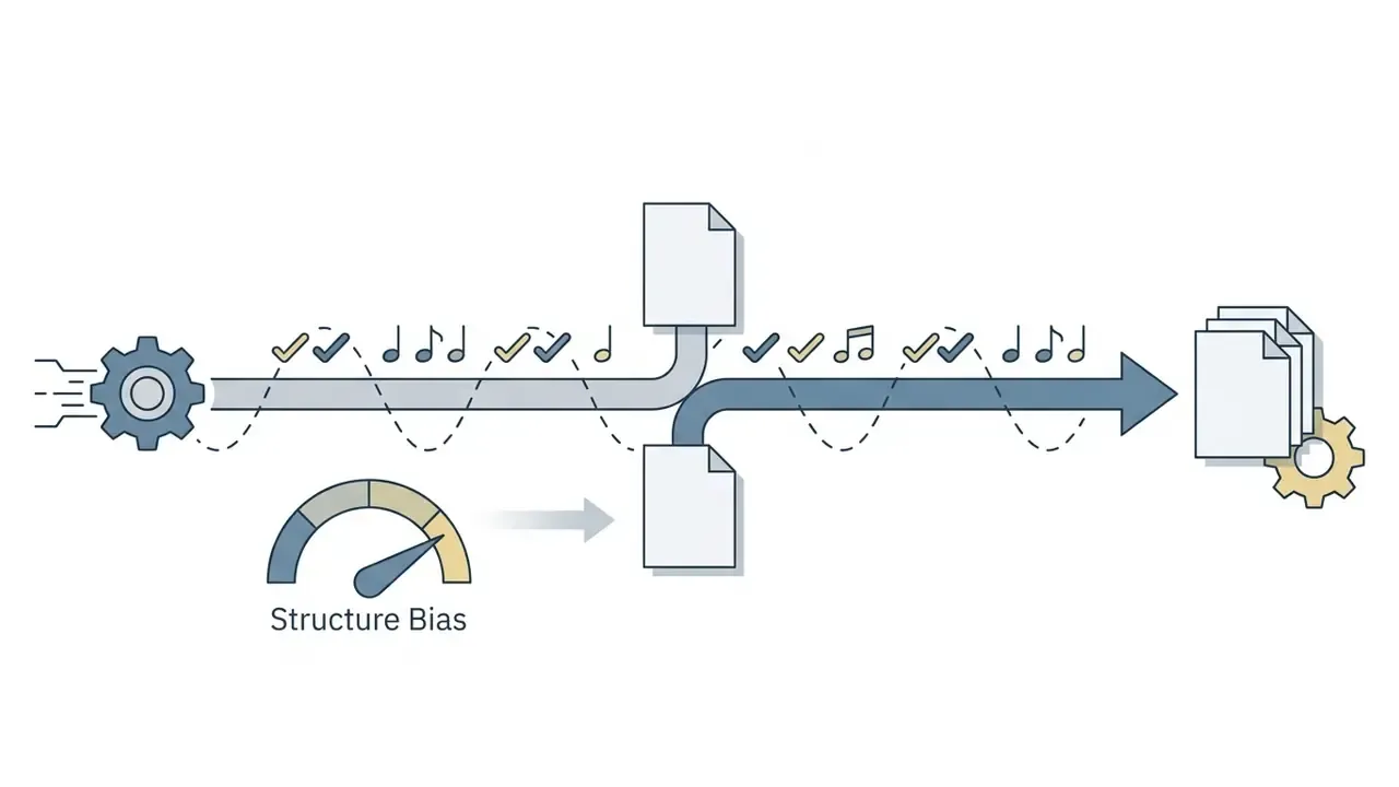 Flow showing a structure bias gauge adjusting the continuous output of rap verses and musical notes