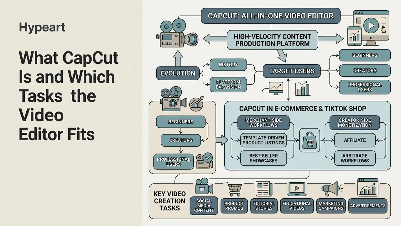 Flowchart outlining CapCut features for content production, e-commerce workflows, and video creation tasks