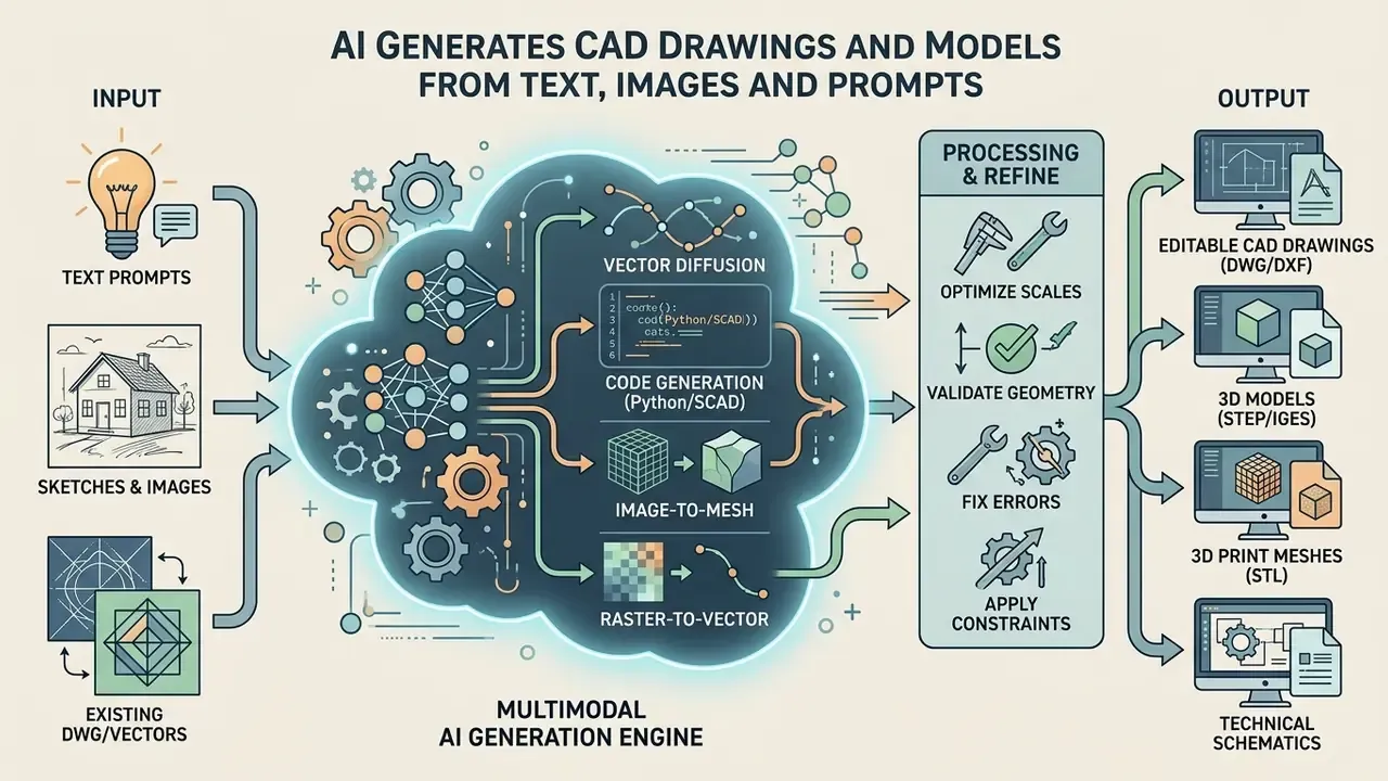 Flowchart showing how an AI CAD drawing generator processes text and image inputs into technical outputs