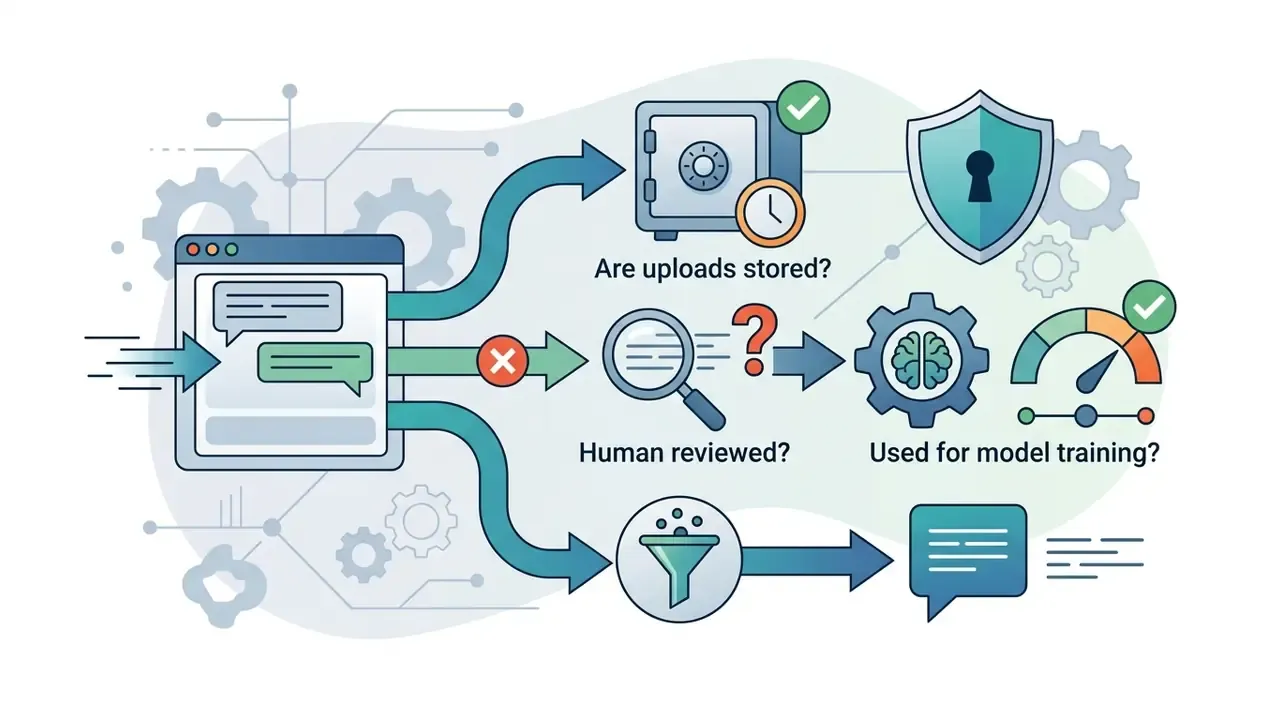 Data flow from a chat window through security icons, review questions, and a filter to a final message