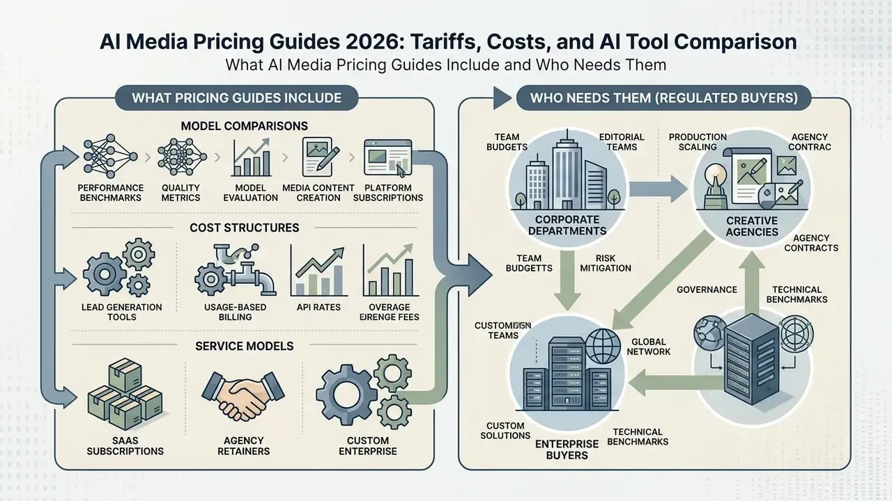 Infographic showing components of AI media pricing guides and the professional groups that use them