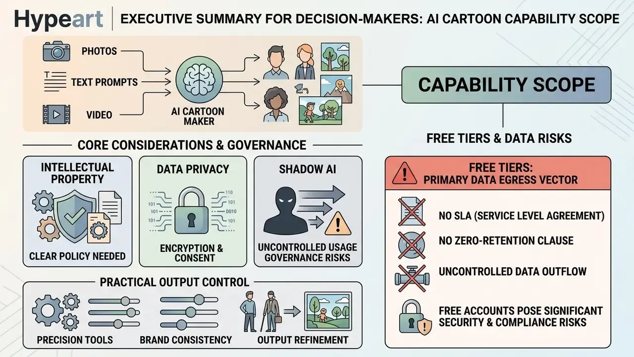 Infographic showing inputs, governance risks, and output controls for an AI cartoon maker