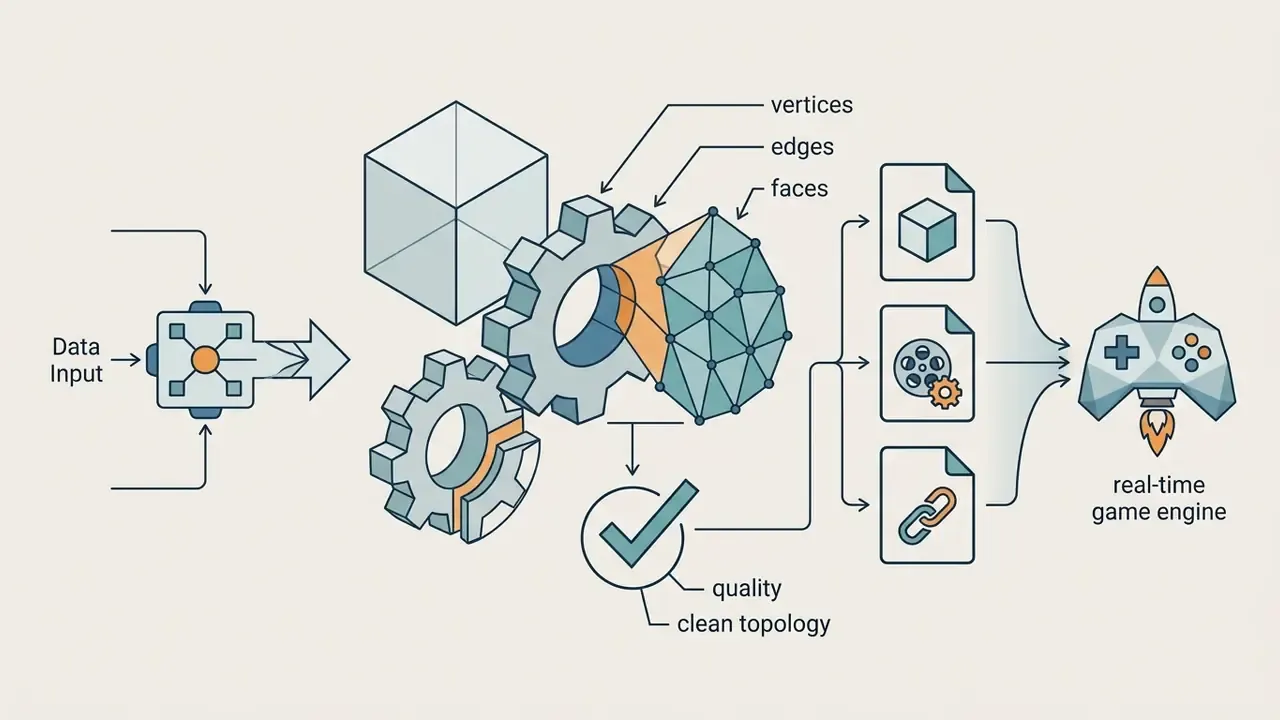 Data input processing through gears to generate mesh components for export to a real-time game engine