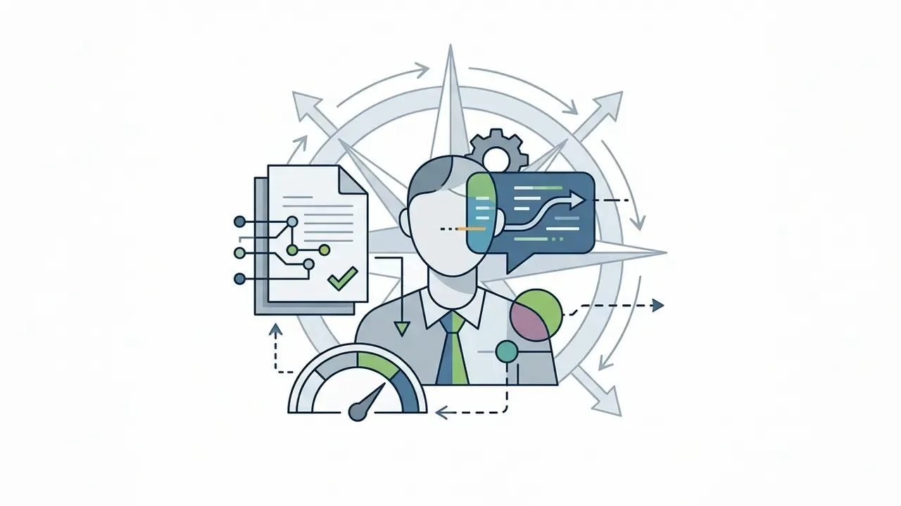 Professional persona icon linked to a document, gauge, and code bubble against a compass background