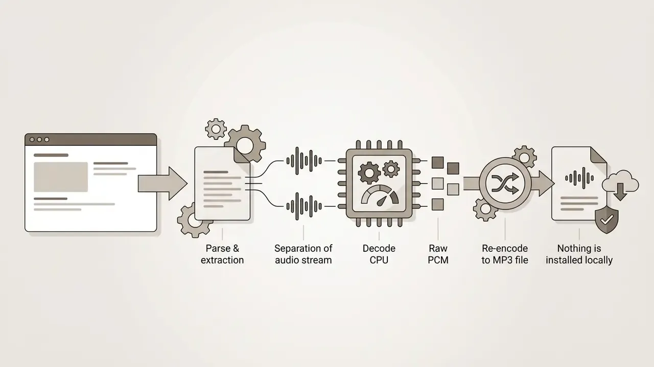 Visual steps for a web converter to parse metadata and re-encode audio streams into an MP3 file