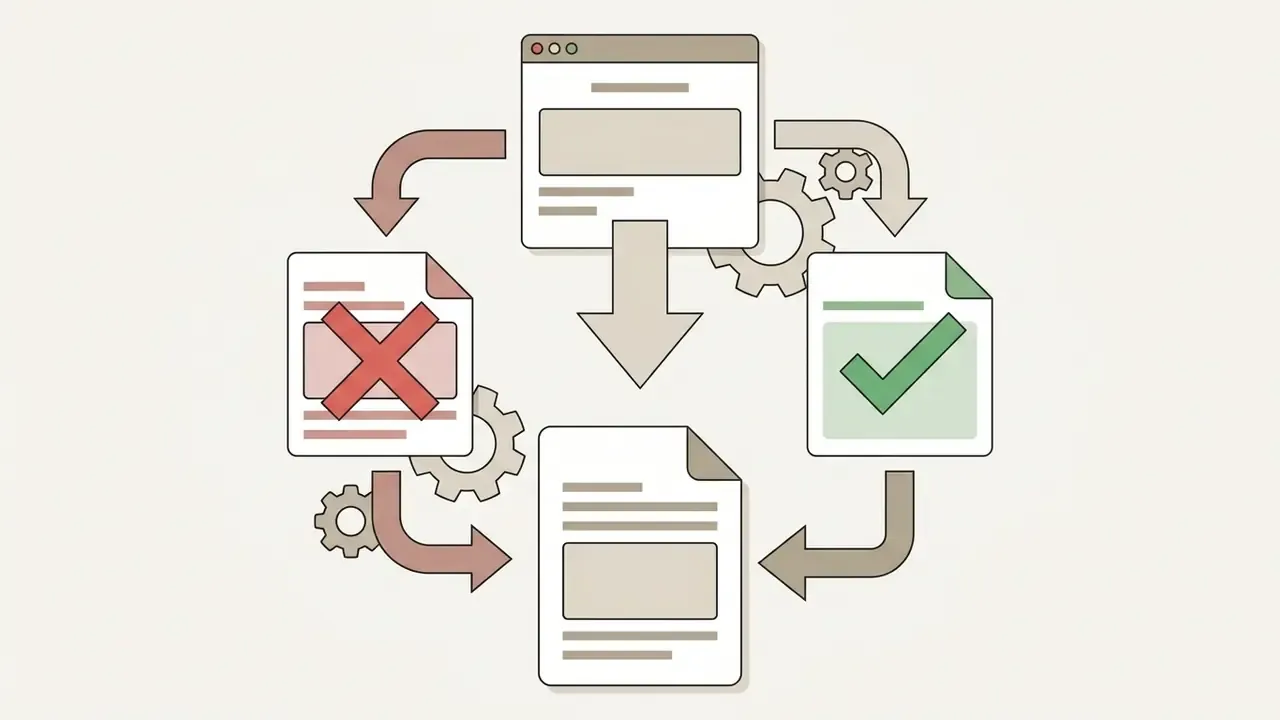 Cycle of document updates showing a rejected file being replaced by an approved version for a free AI video generator