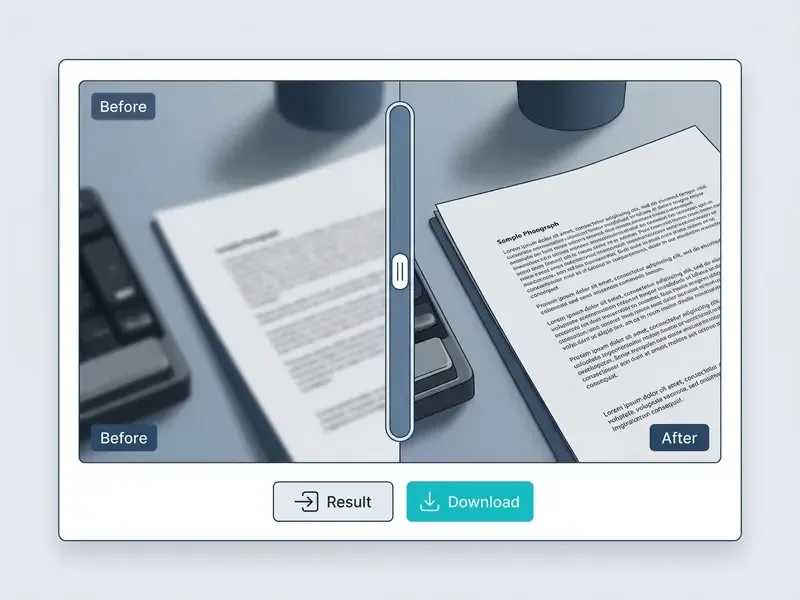 Interactive slider showing a blurry document becoming sharp to unblur image ai free