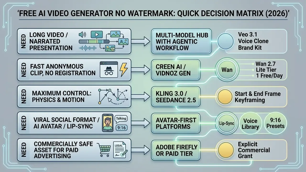Decision matrix mapping specific video content needs to recommended free AI video generator platforms