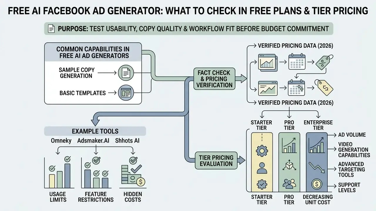 Diagram mapping common ad tool capabilities to pricing verification and tiered subscription evaluation