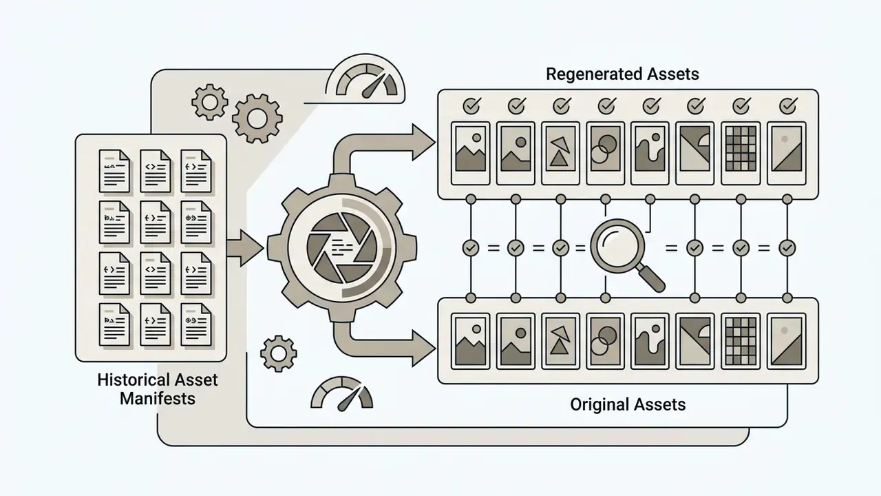 System comparing historical asset manifests against regenerated outputs using a magnifying glass icon