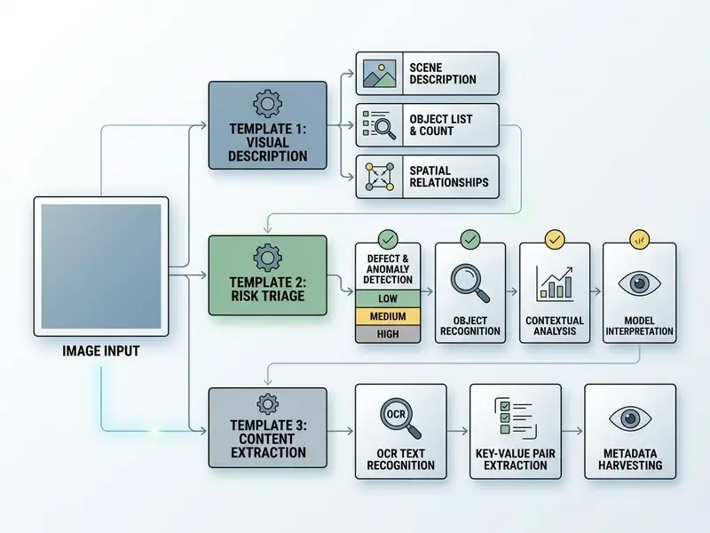 Workflow diagram showing image input branching into visual description, risk triage, and content extraction