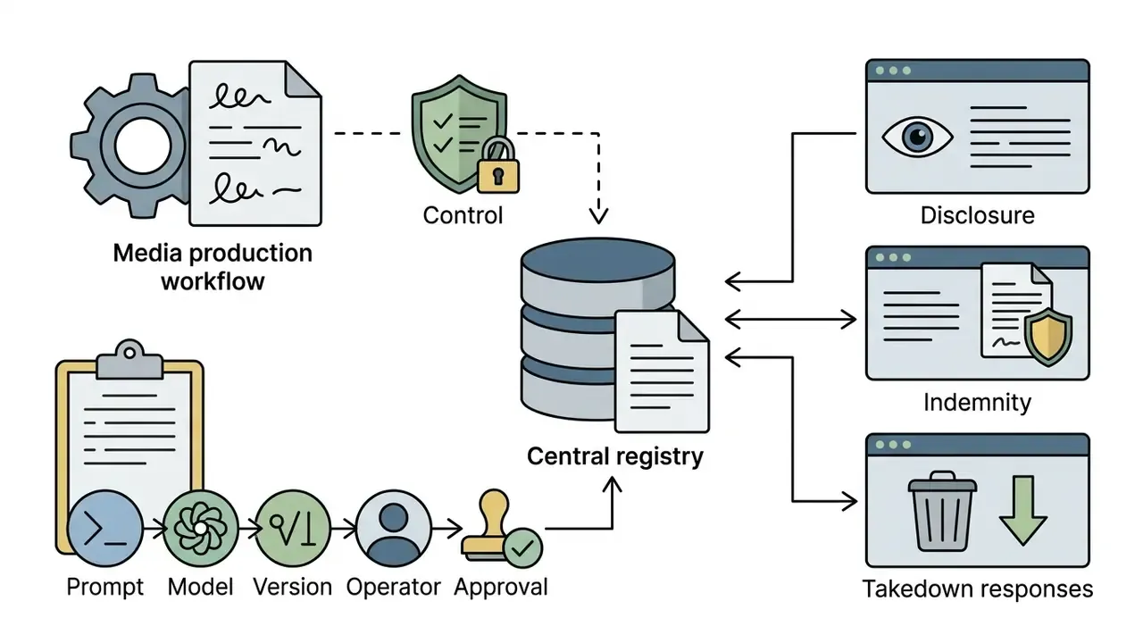 Central registry collecting media production metadata to support disclosure, indemnity, and takedown tasks