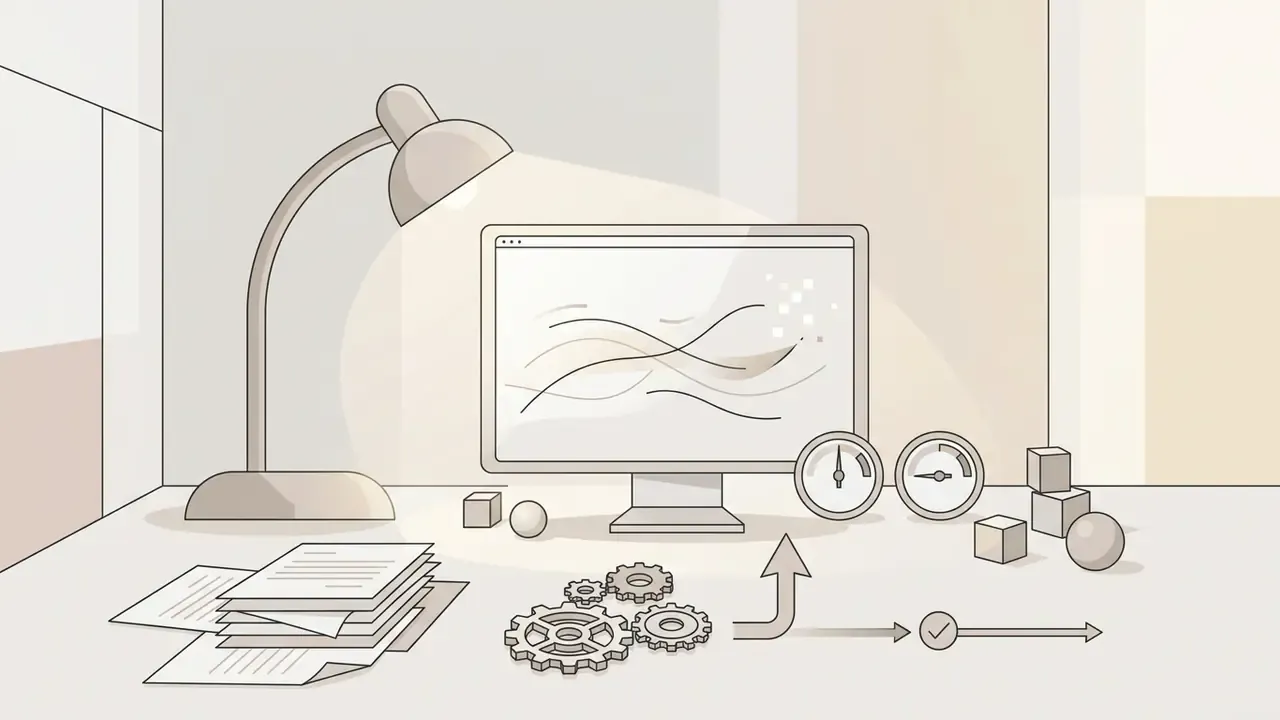 Computer monitor displaying abstract waves on a desk with a lamp, gears, and a process flow icon