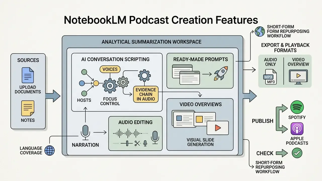 Infographic showing NotebookLM workflows for audio hosting, video slides, and podcast distribution
