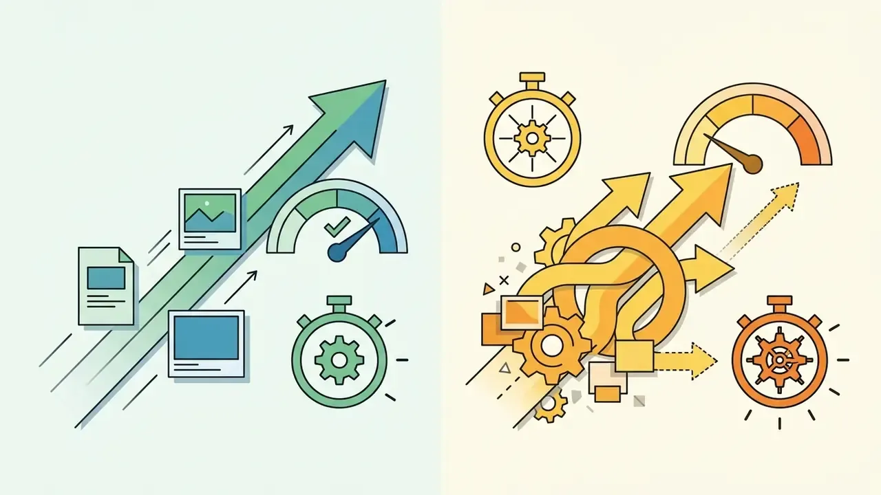 Comparison of smooth upward growth versus complex tangled arrows and gears representing sync delays