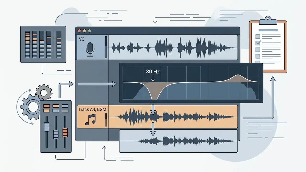 Equalizer graph applying an 80 Hz notch filter to a background music track to balance with voiceover audio