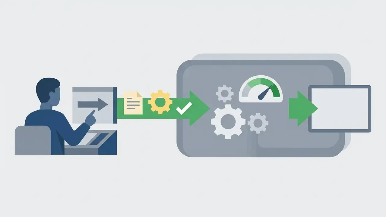 User entering a prompt into a computer that processes data through gears and a gauge to create an output