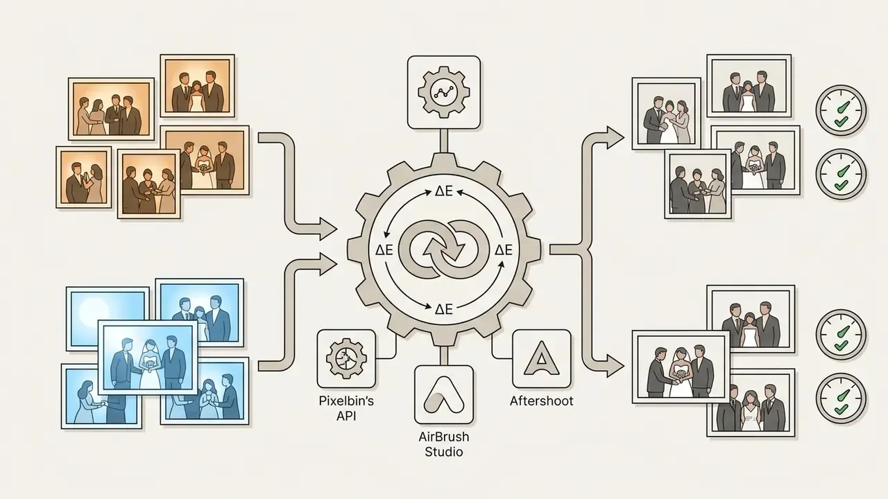 Workflow showing wedding photos processed through a central gear system to achieve consistent color balance