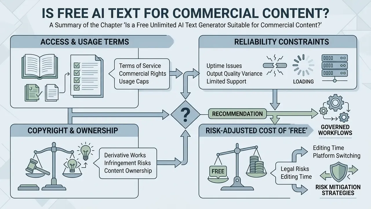 Flowchart evaluating commercial content risks including usage terms, reliability, copyright, and costs