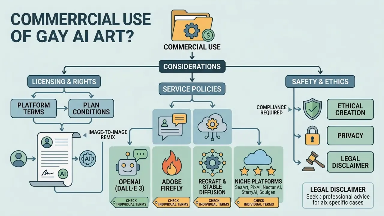 Flowchart outlining considerations for commercial use of AI art including licensing, policies, and ethics