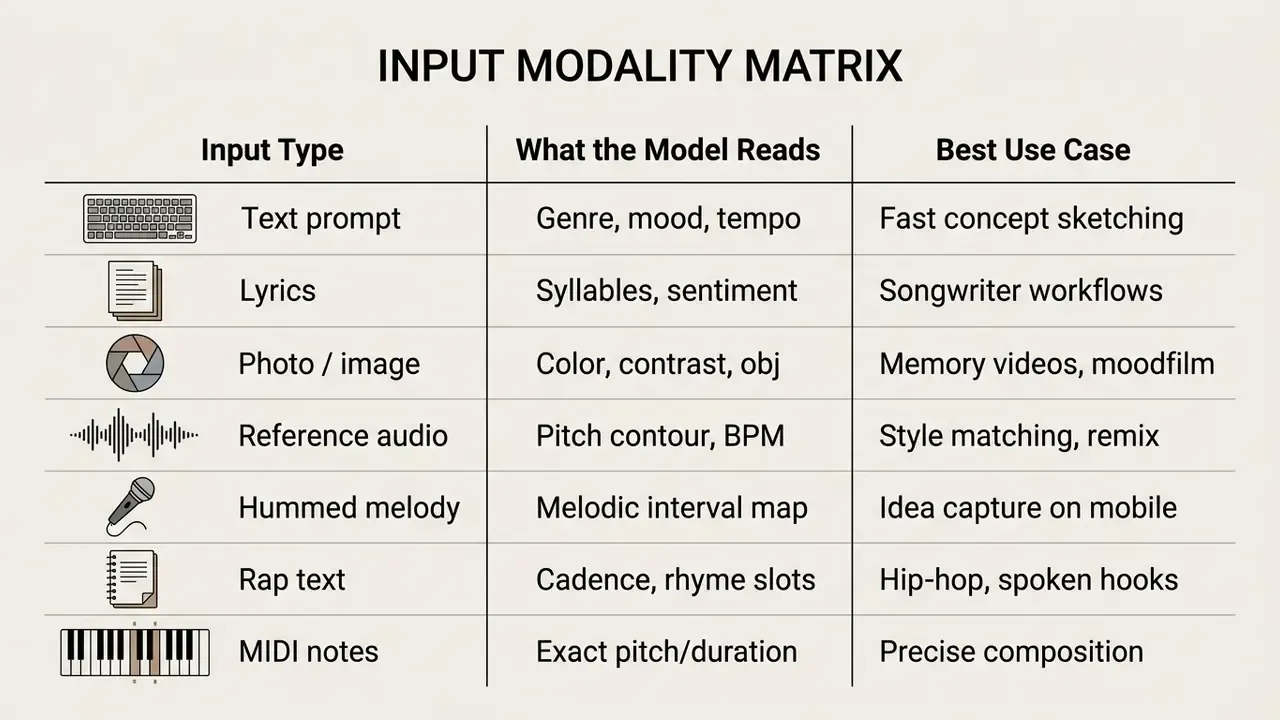 Table mapping various AI input types to their model interpretation and recommended use cases