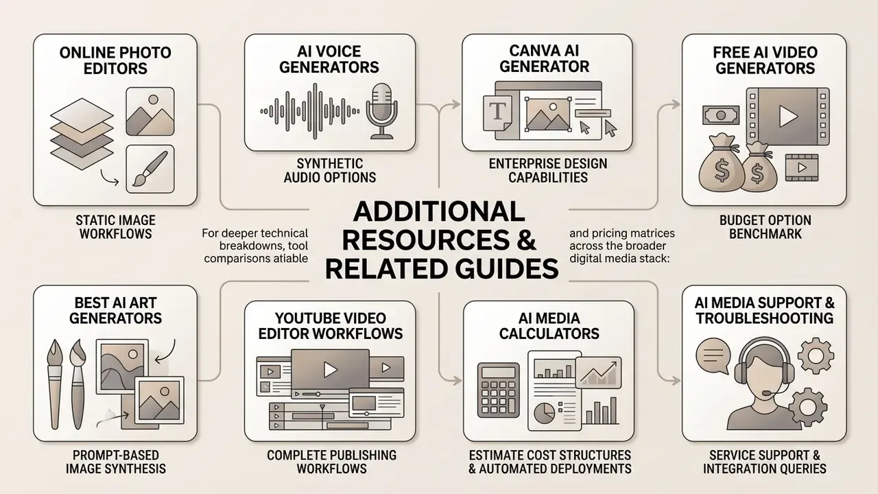 Central title surrounded by eight boxes featuring icons and labels for digital media and AI tool guides