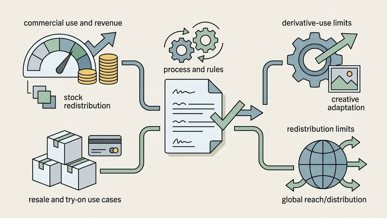 Central document with a checkmark connecting commercial revenue and resale icons to adaptation and distribution